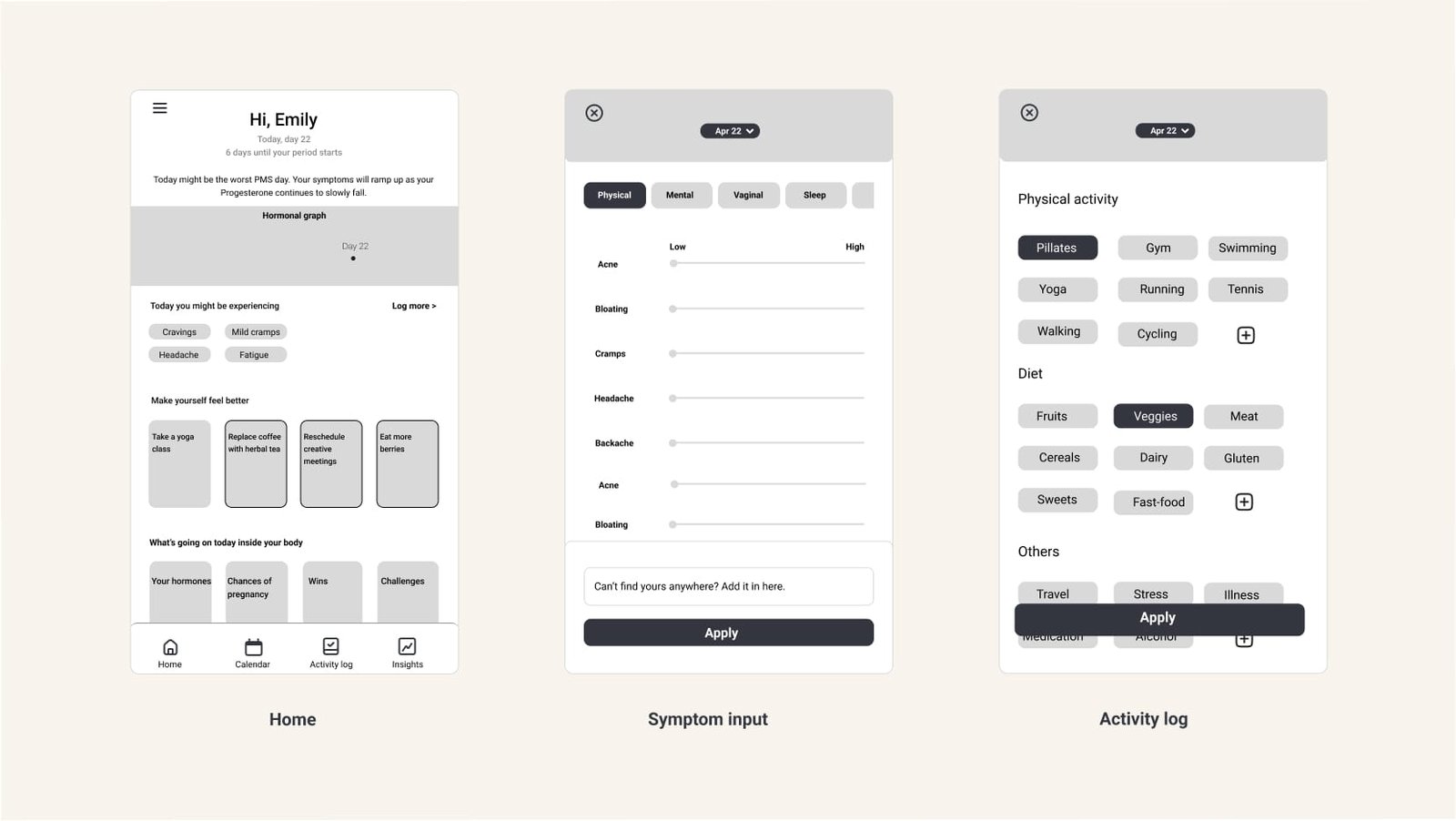 HormoneLog Low-fi wireframes